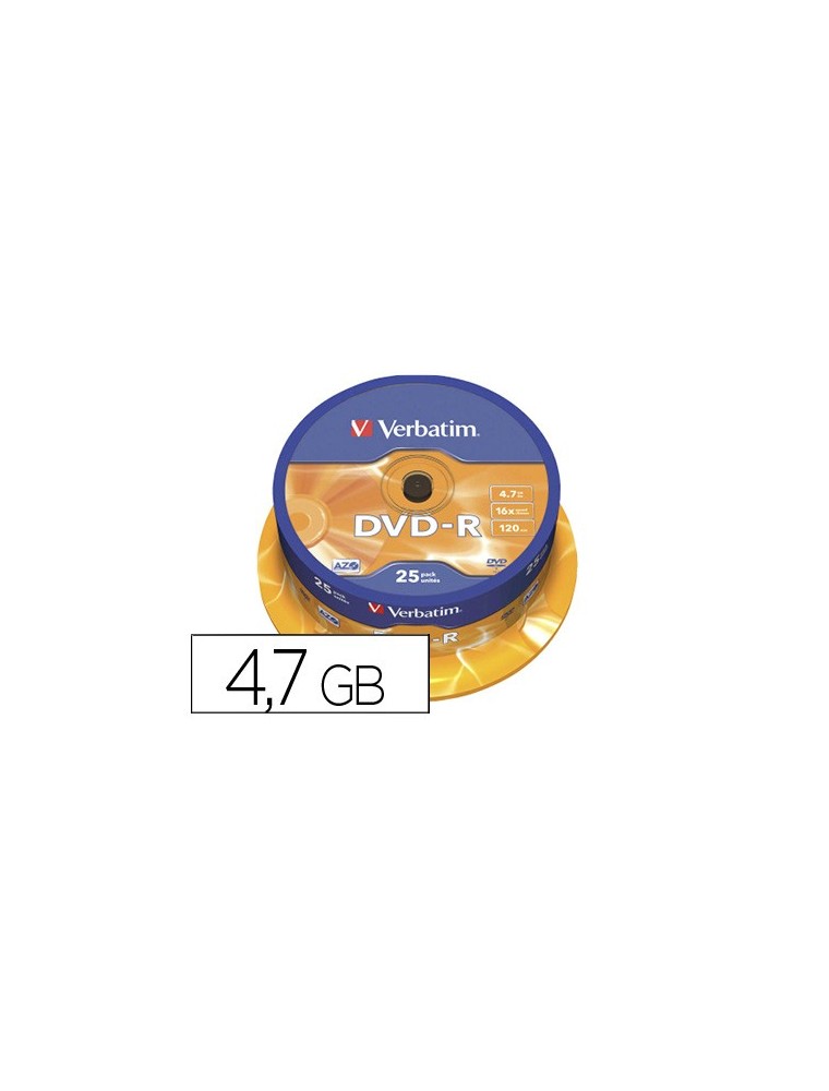 Dvd-r verbatim capacidad 4.7gb velocidad 16x 120 min tarrina de 25 unidades