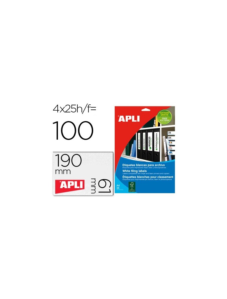 Etiqueta adhesiva apli 1233 tamaño 190x61 mm para fotocopiadora laser ink-jet caja 25 hojas con 100