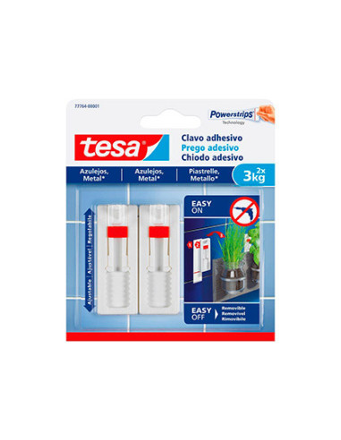 TESA PACK DE 2 CLAVO ADHESIVO AJUSTABLE HASTA 3KG PARA SUPERFICIES LISAS