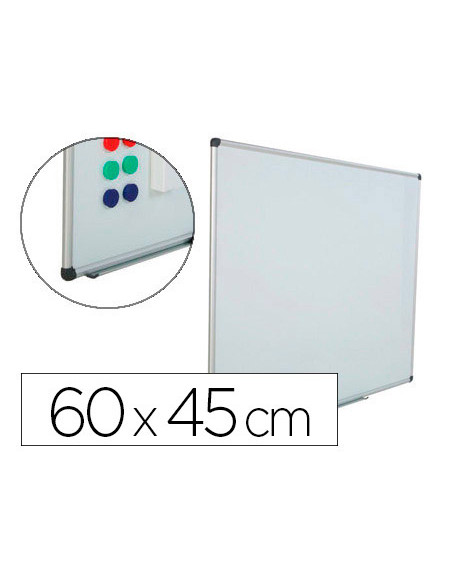 Pizarra blanca rocada acero vitrificado magnetico marco aluminio y cantoneras pvc 60x45 cm incluye bandeja para