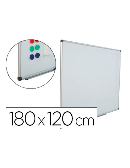 Pizarra blanca rocada acero vitrificado magnetico marco aluminio y cantoneras pvc 180x120 cm incluye bandeja