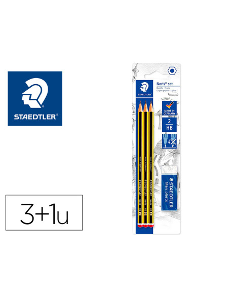 Lapices de grafito staedtler noris n.2 hb blister de 3 unidades + 1 goma de borrar mars plastic