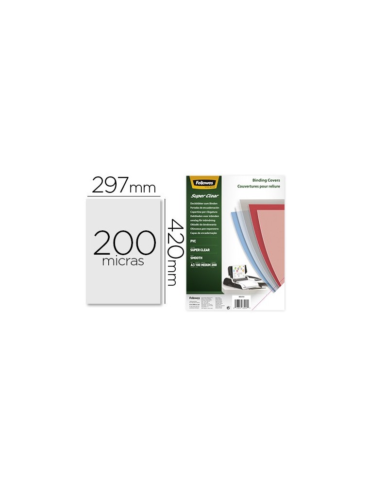 Tapa de encuadernacion fellowes din a3 pvc transparente cristal 200 micras pack de 100 unidades