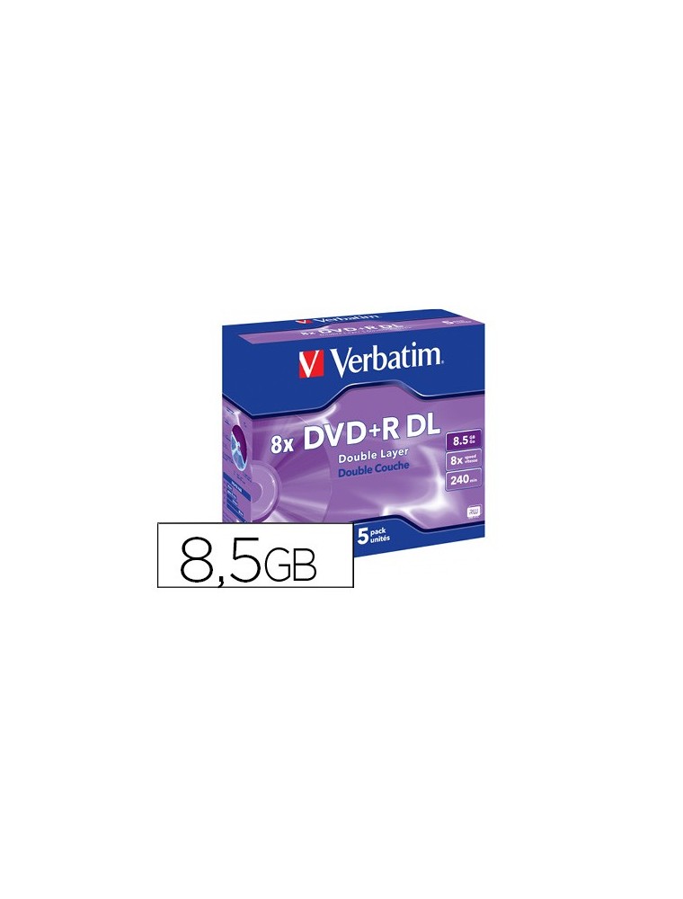 Dvdr verbatim doble capa capacidad 8.5gb velocidad 8x 240 min pack de 5 unidades