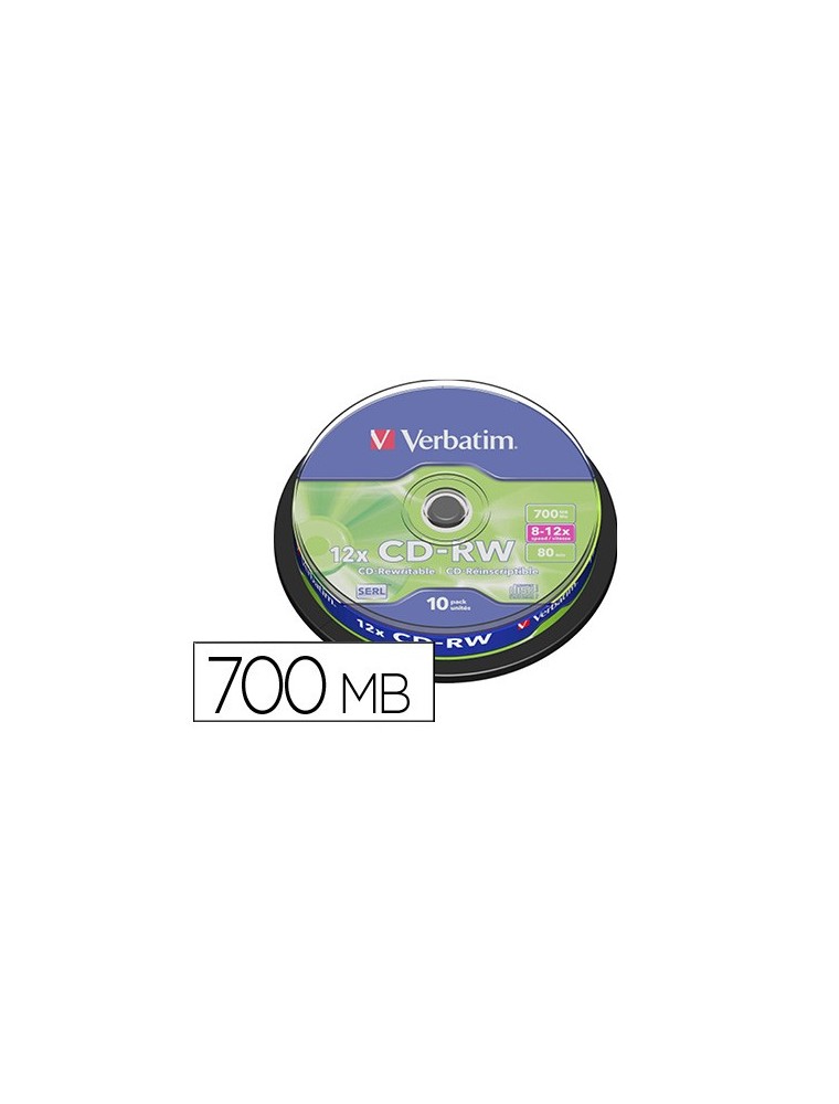 Cd-rw verbatim serl capacidad 700mb velocidad 12x 80 min tarrina de 10 unidades