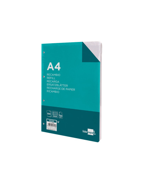 Recambio liderpapel a4 100 hojas 100g/m2 cuadro 4mm con margen 4 taladros