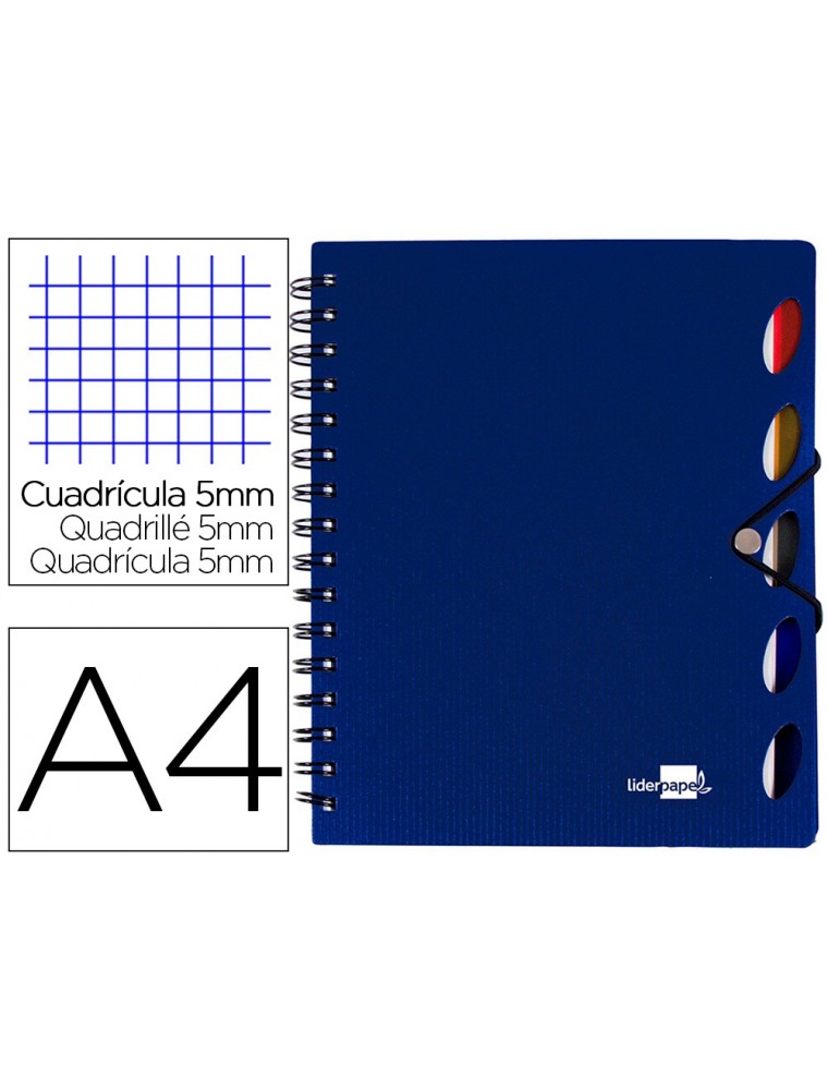 Cuaderno espiral liderpapel a4 micro executive tapa plastico 100h 80 gr cuadro 5mm 5 separadores con gomilla azul