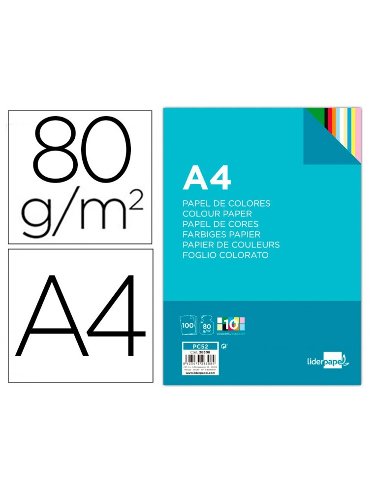 Papel color liderpapel a4 80gm2 10 colores surtidos paquete de 100 hojas