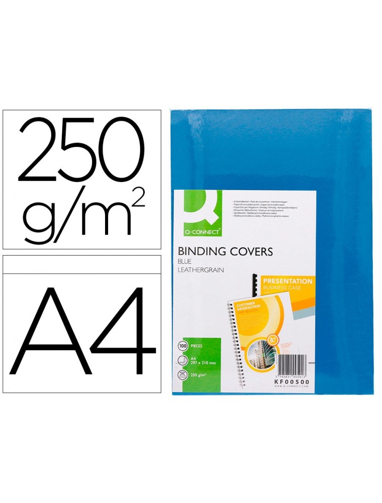 Tapa de encuadernacion q-connect carton din a4 azul simil piel 250 gr caja de 100 unidades