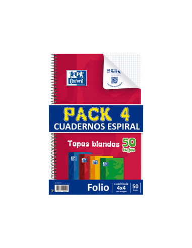 Bloc espiral oxford tapa flexible optik paper folio 50 hojas 90 gr cuadros 4 mm pack de 4