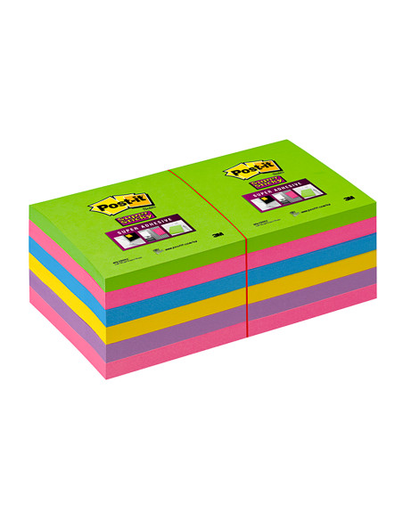 Bloc de notas adhesivas quita y pon post-it super stick ultra 76x76 mm pack de 12 bloc verde rosa amarilla