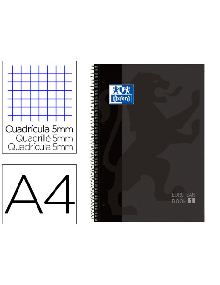 OXFORD CUADERNO CLASSIC EUROPEANBOOK 1 WRITE&ERASE 80H A4+ 5X5MM MICROPERFORADO T/EXTRADURA PACK 5 UD NEGRO