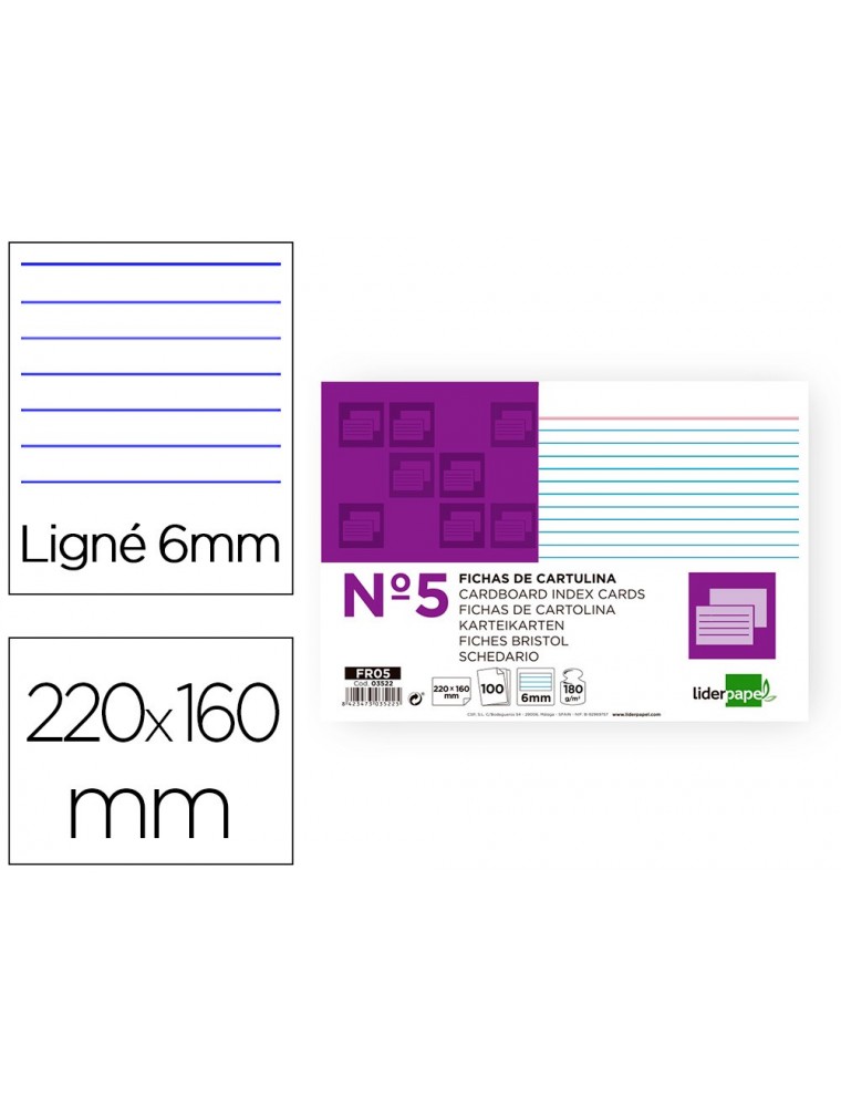 Ficha liderpapel rayada nº5 160x220 mm 180gm2 paquete de 100 unidades