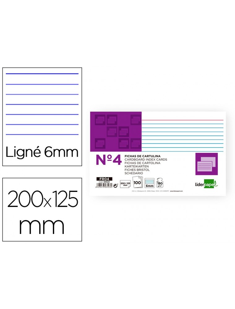 Ficha liderpapel rayada nº4 125x200 mm 180gm2 paquete de 100 unidades