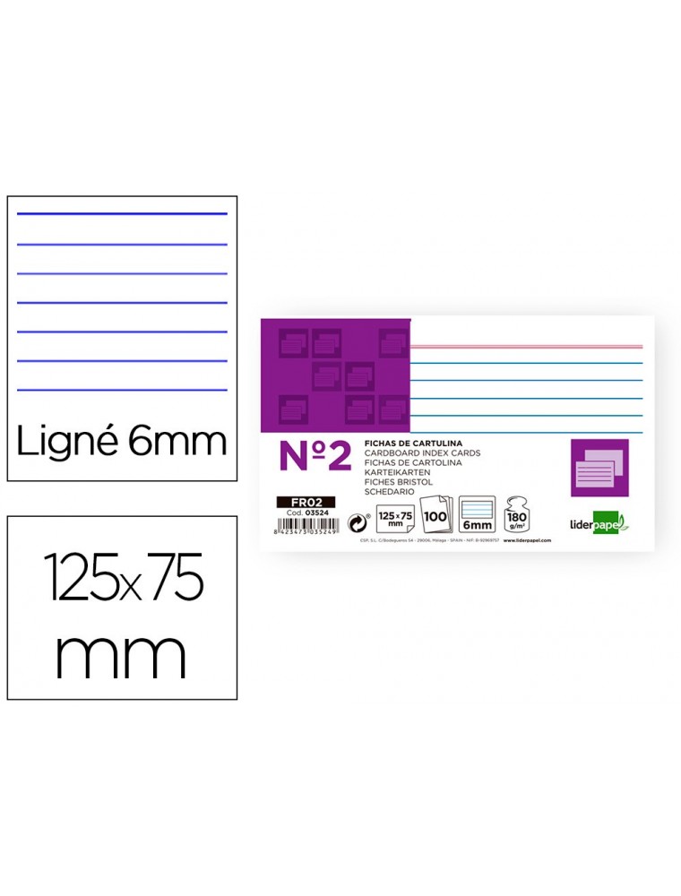 Ficha liderpapel rayada nº2 75x125 mm 180gm2 paquete de 100 unidades