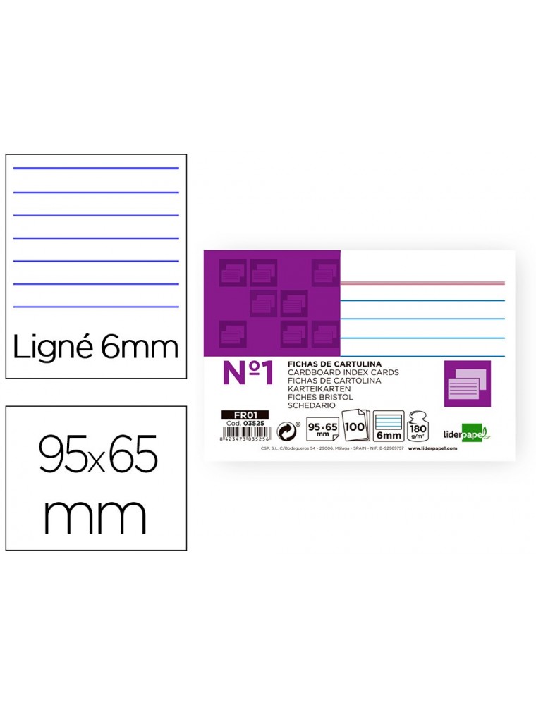 Ficha liderpapel rayada nº1 65x95 mm 180gm2 paquete de 100 unidades