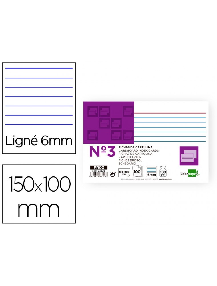 Ficha liderpapel rayada nº3 100x150 mm 180gm2 paquete de 100 unidades