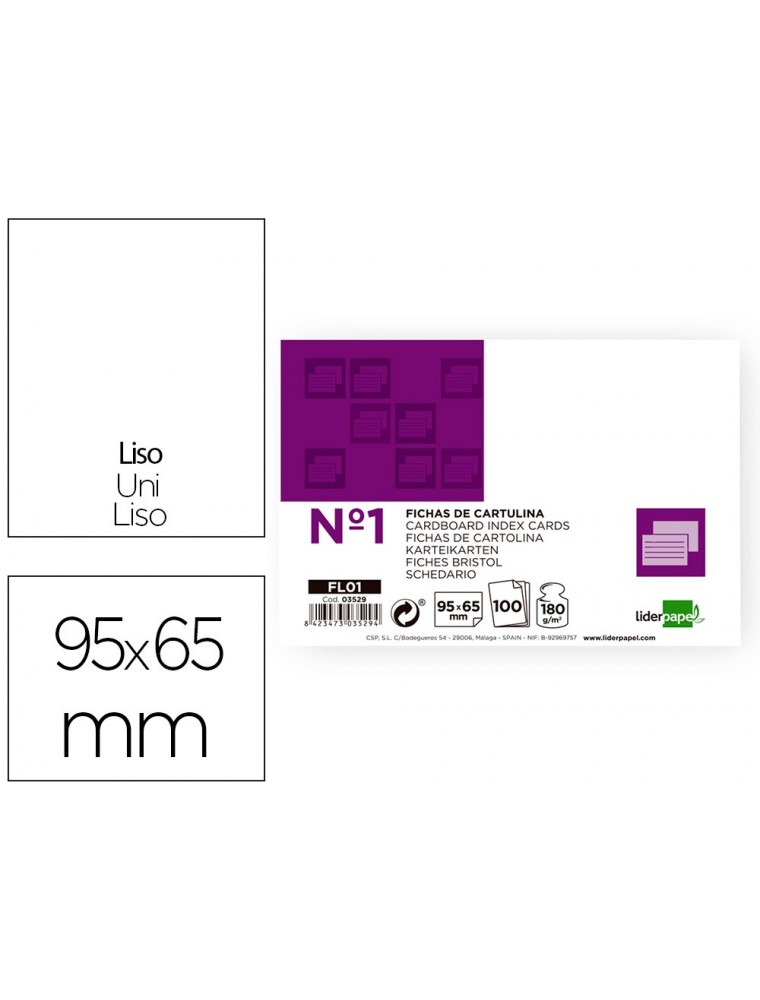 Ficha liderpapel lisa nº1 65x95mm paquete de 100 180g