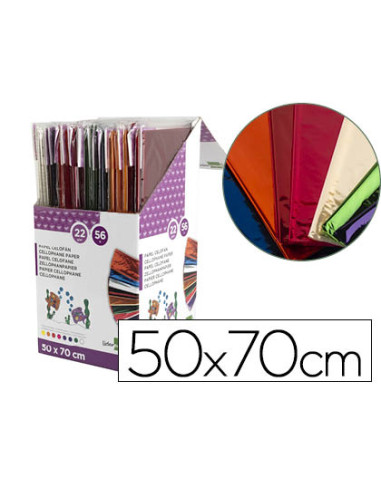 Papel celofan liderpapel 50x70 cm expositor de 56 bolsas de 5 hojas 8 colores surtidos