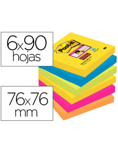 Bloc de notas adhesivas quita y pon post-it super sticky 76x76 mm con 90 hojas pack de 6 bloc colores surtidos