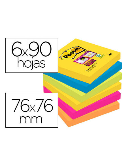 Bloc de notas adhesivas quita y pon post-it super sticky 76x76 mm con 90 hojas pack de 6 bloc colores surtidos