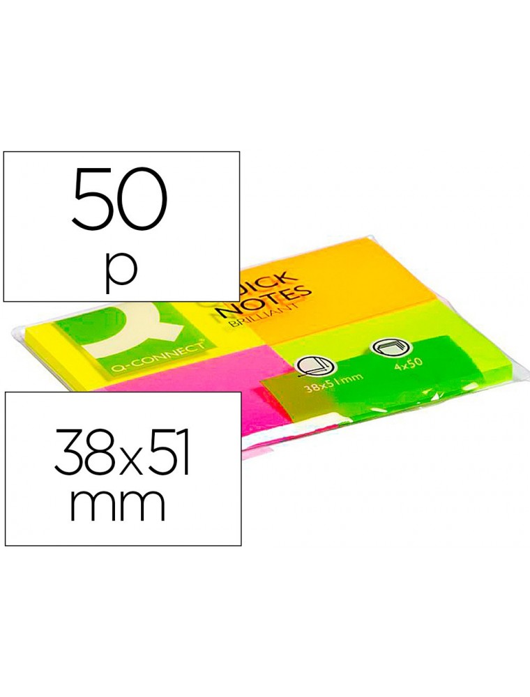 Bloc de notas adhesivas quita y pon q-connect 38x51 mm con 50 hojas fluorescentes pack de 4 unidades