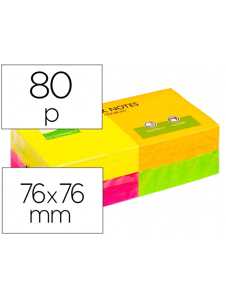 Bloc de notas adhesivas quita y pon q-connect 76x76 mm con 80 hojas fluorescentes pack de 12 surtidas en 4 colores