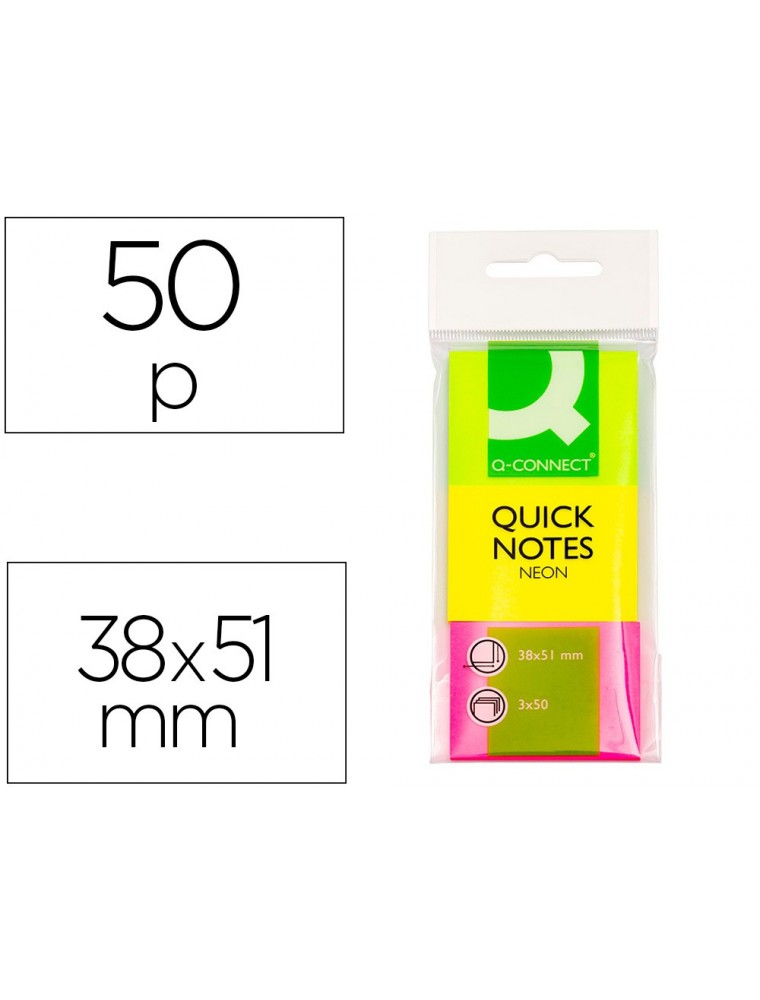 Bloc de notas adhesivas quita y pon q-connect 38x51 mm neon pack de 3 unidades con 50 hojas por color