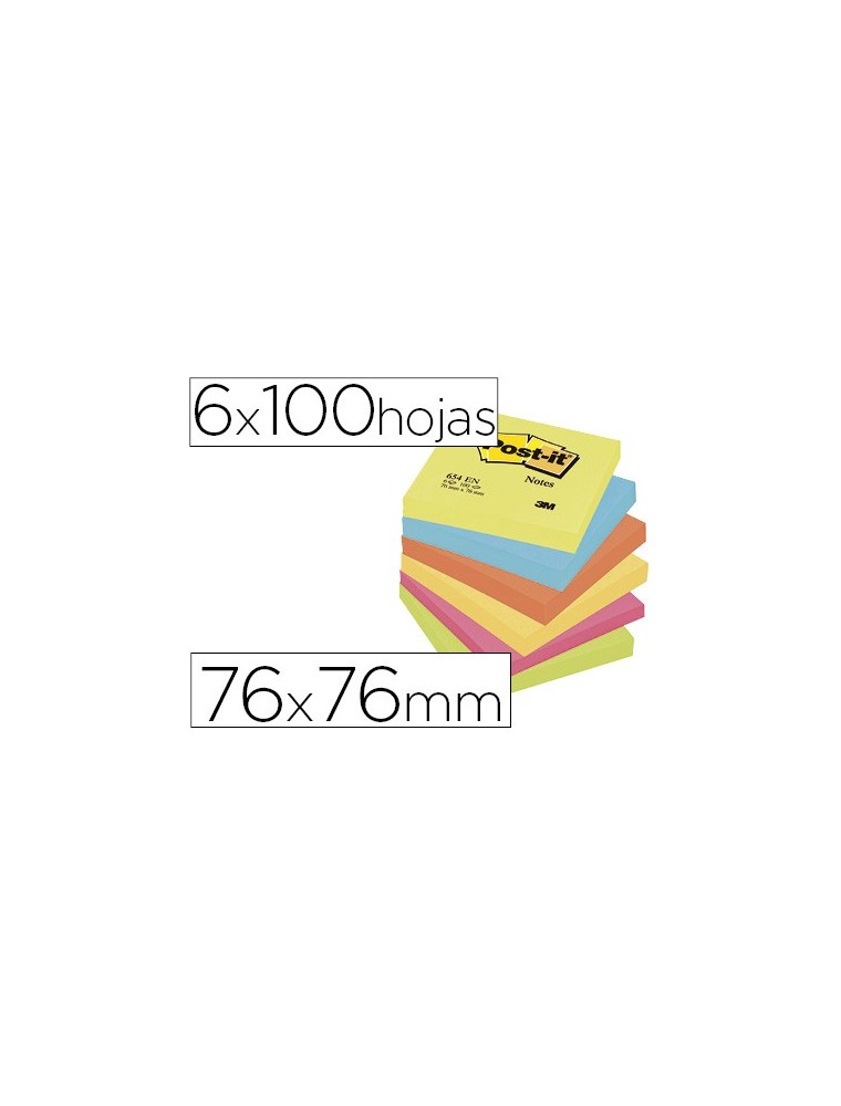 Bloc de notas adhesivas quita y pon post-it 76x76 mm neon pack de 6 blocs surtido