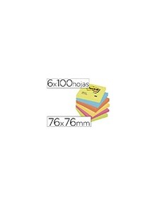 Bloc de notas adhesivas quita y pon post-it 76x76 mm neon pack de 6 blocs surtido