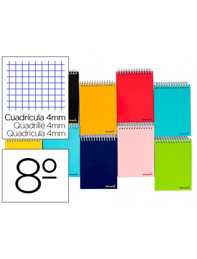 Cuaderno espiral liderpapel bolsillo octavo apaisado smart tapa blanda 80h 60gr cuadro 4mm colores surtidos