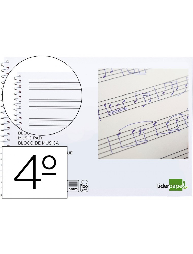 Bloc musica liderpapel pentagrama 3mm cuarto 20 hojas 100gm2