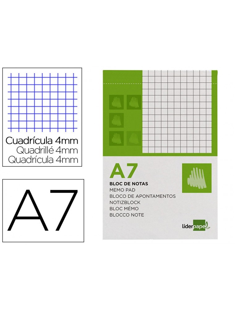 Bloc notas liderpapel cuadro 4mm a7 80 hojas 60gm2 perforado