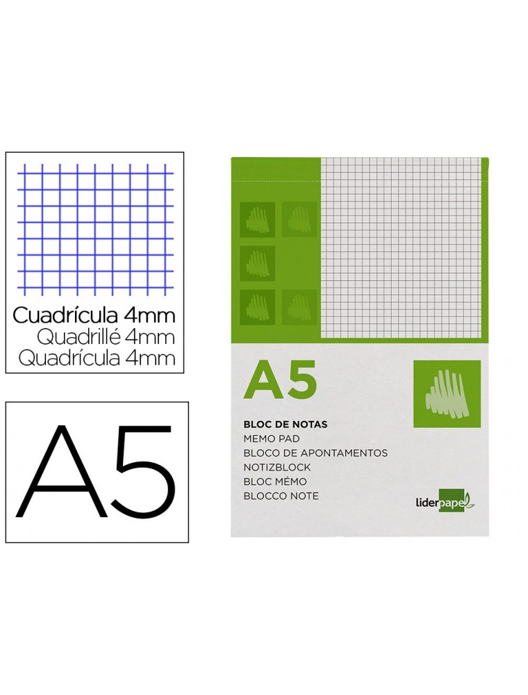 Bloc notas liderpapel cuadro 4mm a5 80 hojas 60gm2 perforado