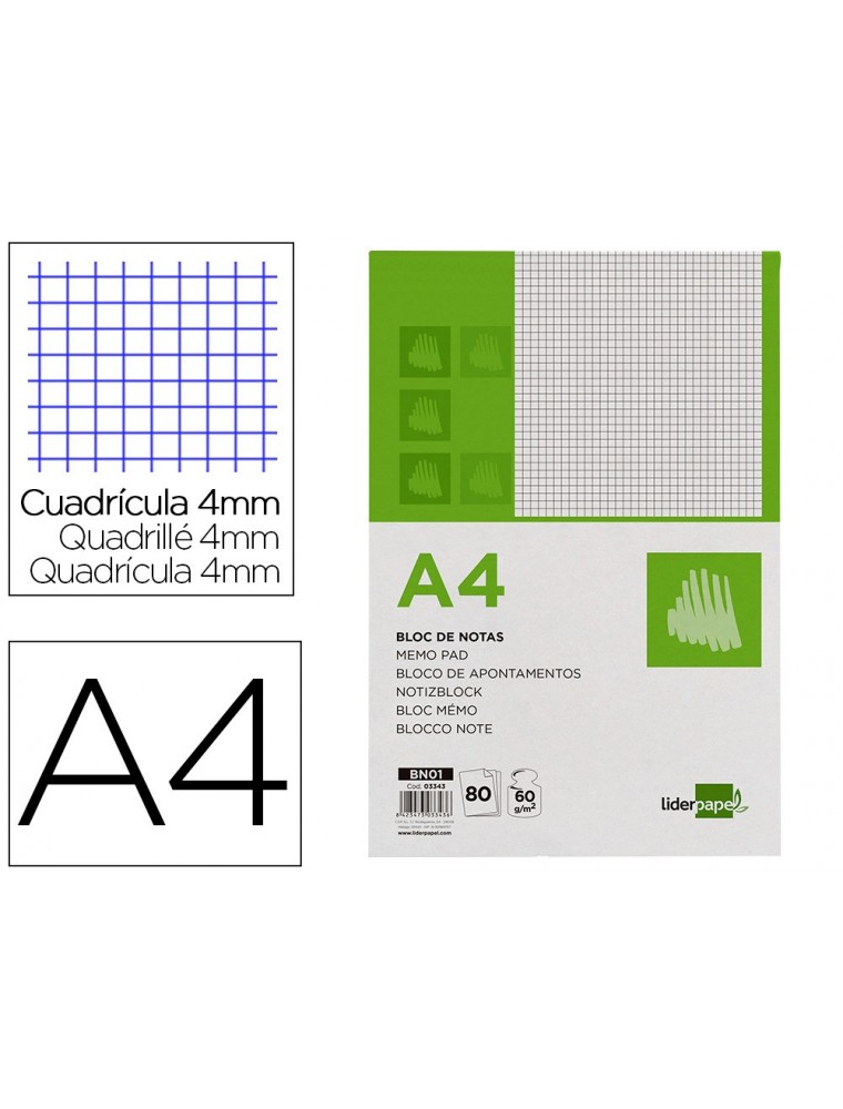 Bloc notas liderpapel cuadro 4mm a4 80 hojas 60gm2 perforado