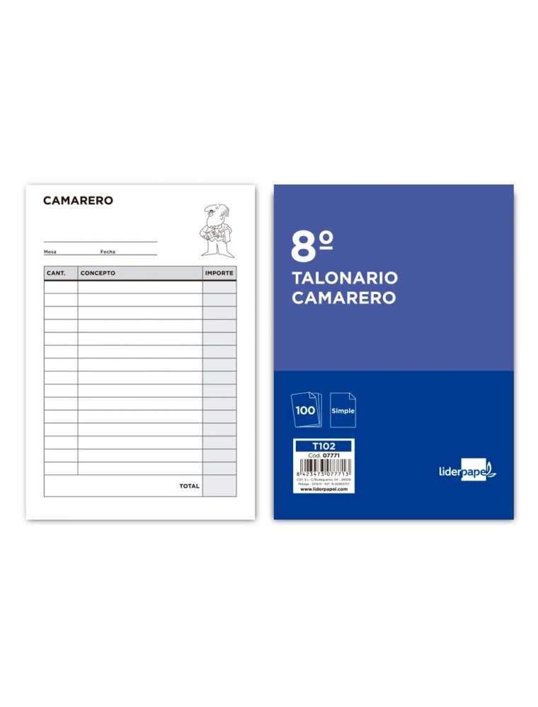 TALONARIO CAMARERO OCTAVO -SIN IVA- 102 LIDERPAPEL