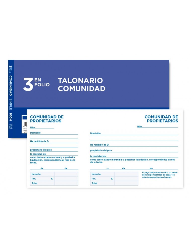 TALONARIO COMUNIDAD TRES DEL FOLIO 106 -CON IVA LIDERPAPEL