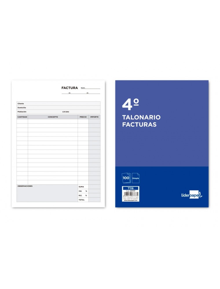 TALONARIO FACTURAS CUARTO -CON IVA- 116 LIDERPAPEL