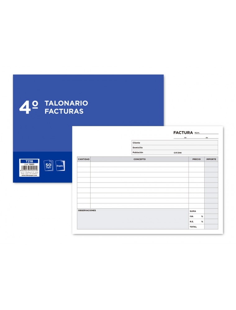 Talonario liderpapel facturas cuarto original y copia t218 apaisado con i.v.a.