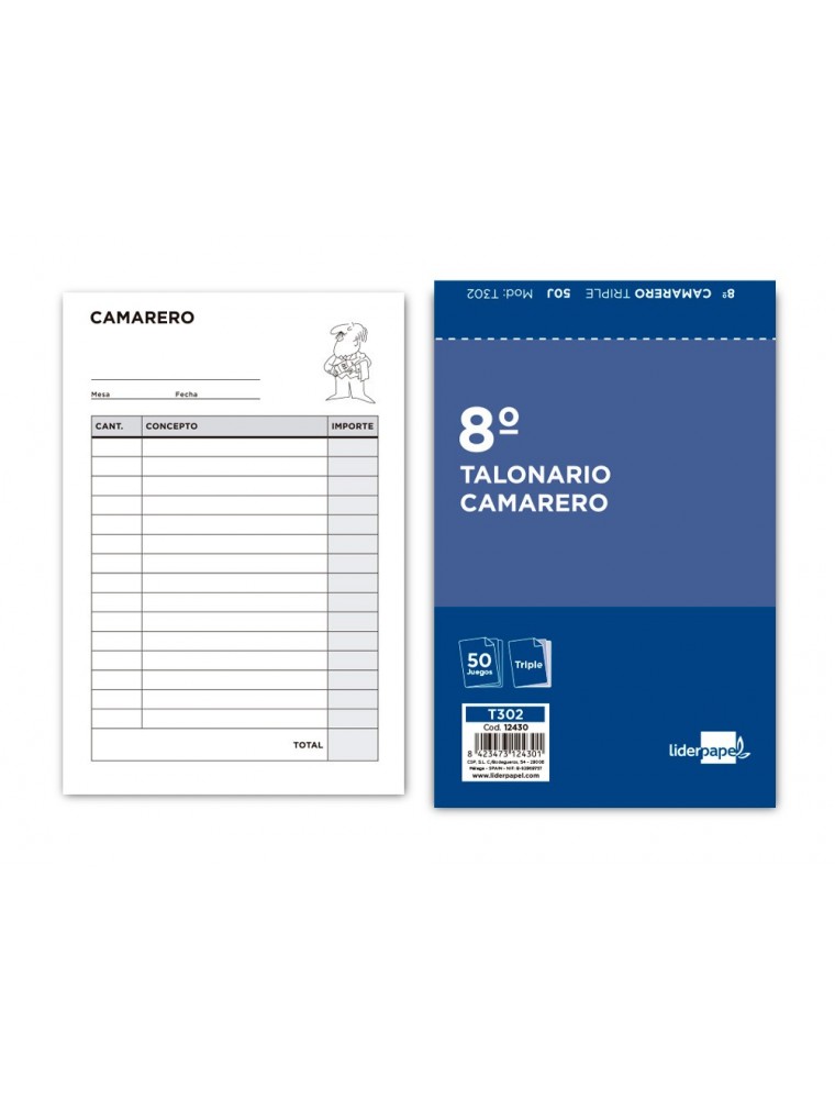 Talonario liderpapel camarero 8º original y 2 copias t302