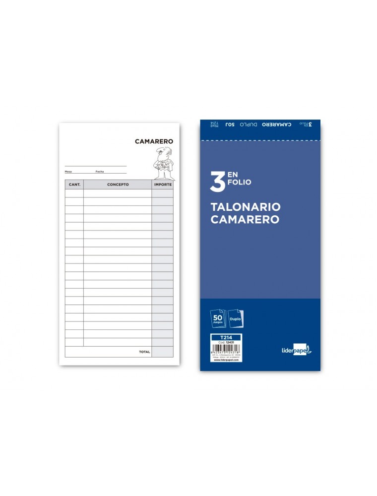 Talonario liderpapel camarero 3fº original y copia t214