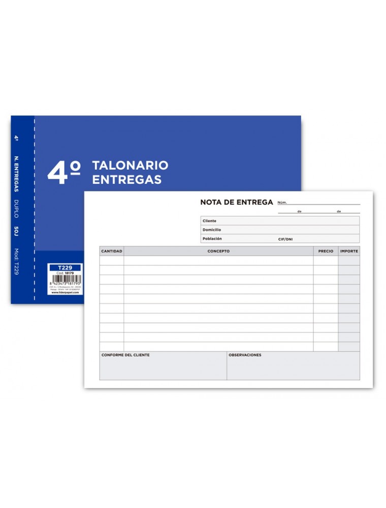 Talonario liderpapel entregas cuarto original y copia t229 apaisado