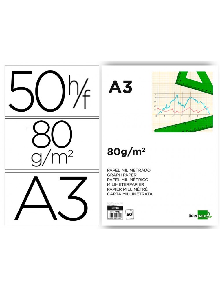 Bloc papel milimetrado liderpapel encolado 297x420mm 50 hojas 80gm2