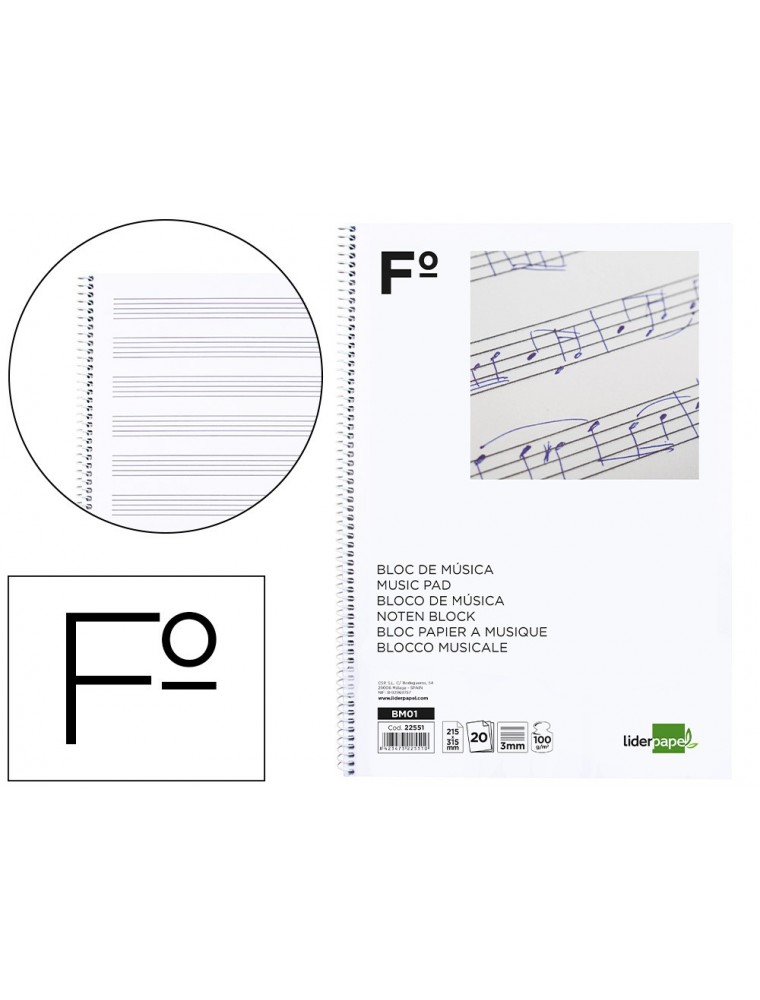 Bloc musica liderpapel pentagrama 3mm folio 20 hojas 100gm2