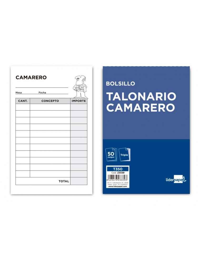 Talonario liderpapel camarero bolsillo original y 2 copias t350