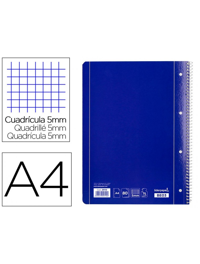 Cuaderno espiral liderpapel a4 micro serie azul tapa blanda 80h 80 gr cuadro5mm con margen 4 taladros azul