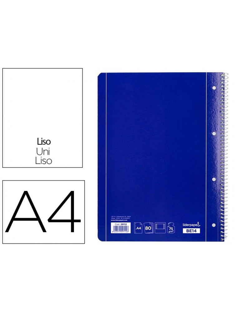 Cuaderno espiral liderpapel a4 micro serie azul tapa blanda 80h 75 gr liso con margen 4 taladros azul