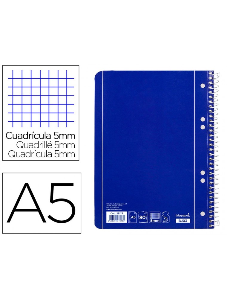 Cuaderno espiral liderpapel a5 micro serie azul tapa blanda 80h 75 gr cuadro5mm 6 taladros azul