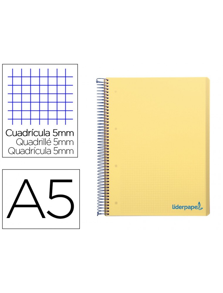 Cuaderno espiral liderpapel a5 micro wonder tapa plastico 120h 90g cuadro 5mm 5 bandas 6 taladros color amarillo