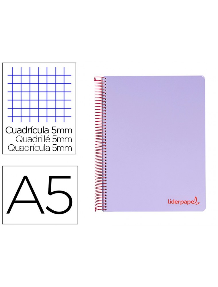 Cuaderno espiral liderpapel a5 micro wonder tapa plastico 120h 90g cuadro 5mm 5 bandas 6 taladros color violeta